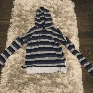 Striped lace up long sleeve shirt with hood